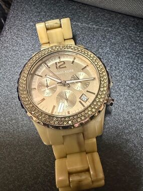 Michael Kors Gold-Tone Crystal Bezel Watch with Beige Mother of pearl strap